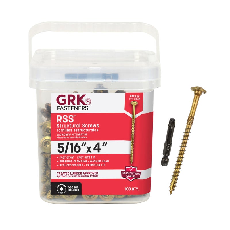 GRK Fasteners RSS 5/16 x 4 Inch, Structural Screws, 100 PCS, Rust Resistant Climatek Coating, Heavy-Duty Framing & Decking Screws, Fast Bite Tip, Star Drive Recess, T-30 Bit Included, Gold - Image 1